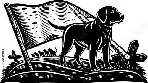 A black and white woodcut style image featuring a dog standing near a flag and some grave crosses