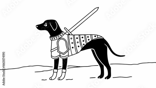 Illustration of a black dog wearing armor and a sword on its back in a white background scene
