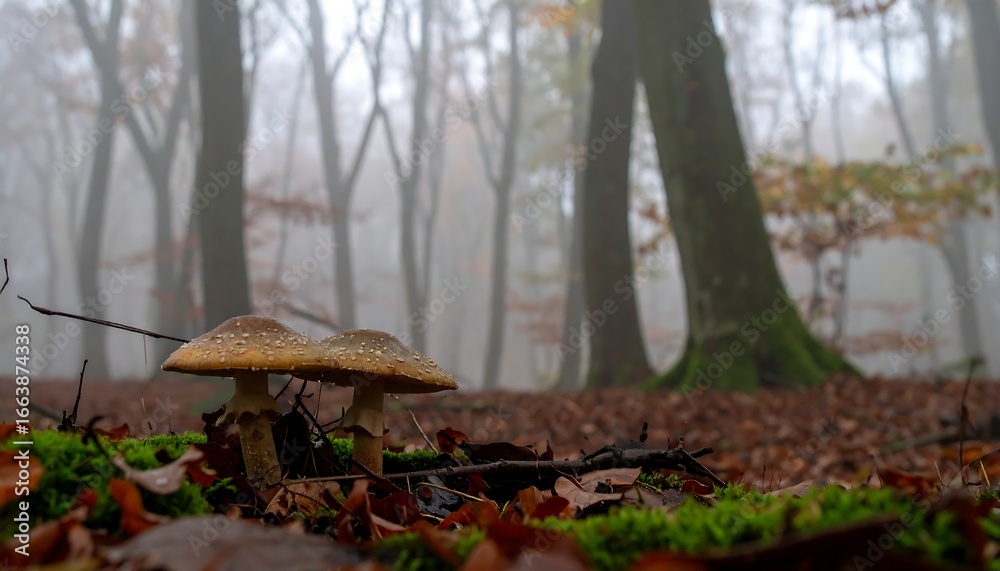 Fototapeta premium Misty Forest Floor: Two Toadstools Amidst Autumn Leaves and Moss
