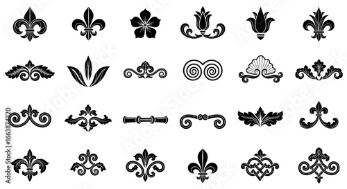 Set of black vintage fleur de lis and decorative ornamental elements.