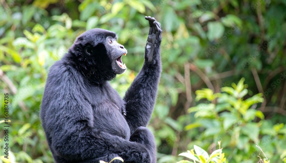 Obraz premium A black monkey with outstretched arm, mouth agape, in a lush, green forest setting.