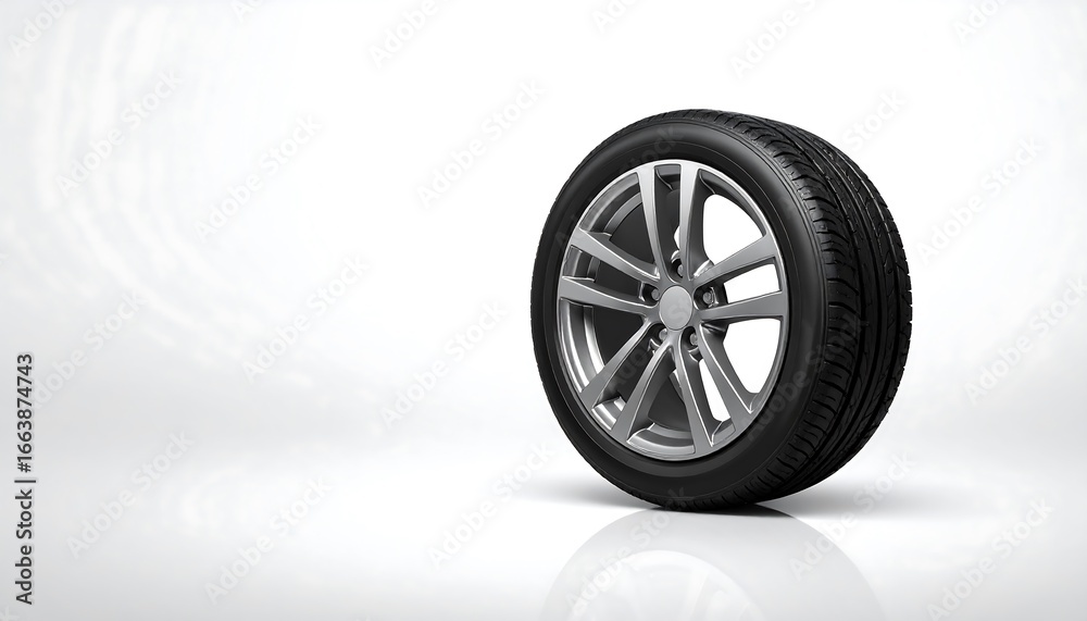 Obraz premium Sleek automotive tire with a modern silver rim on a minimalist white backdrop evokes motion and