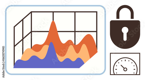 Colorful 3D line graph representing data analysis beside a secure lock and a speedometer. Ideal for cybersecurity, performance monitoring, data management, risk analytics, technology, privacy