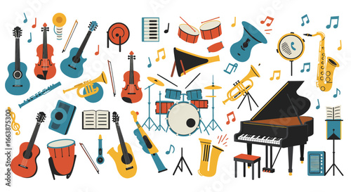 Colorful Vector Illustration of Various Musical Instruments Scattered Together