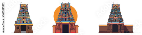 Stylized flat vector illustrations of a vibrant Hindu temple with ornate towers