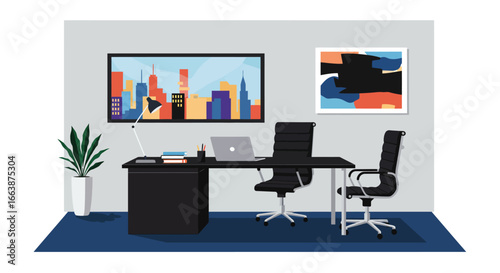 Modern executive office interior design with city view artwork and sleek furnishings