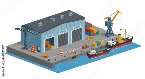 Stylized vector illustration of a vibrant shipyard warehouse by the docks