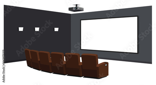 Stylized home theater setup with projector screen and reclining seats design
