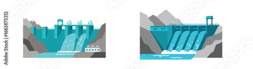 Vibrant hydroelectric dam facility vector illustration with clean energy concept