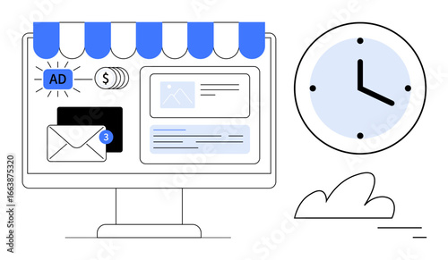 Digital marketing dashboard on monitor with ad banner, email icon, time clock, and cloud. Ideal for marketing, time management, online ads, e-commerce, communication business simple landing page