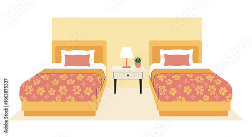Charming twin bedroom illustration with floral bedding and a modern bedside table