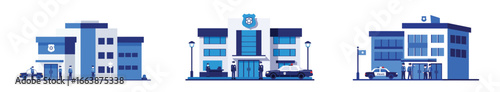 Stylized Flat Vector Illustration: Police Station Exterior in Blue Tones, Modern Design