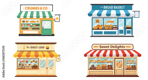 Collection of charming vector bakery shops with colorful awnings and delectable displays