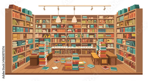 Cozy bookstore interior with packed shelves and scattered books illustration