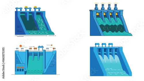 Collection of stylized flat vector illustrations of hydroelectric dam buildings
