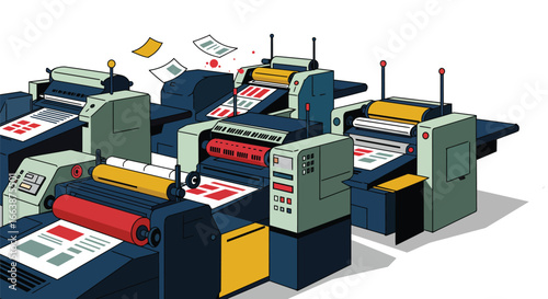 Vibrant printing press room illustration with colorful machinery and stark white background