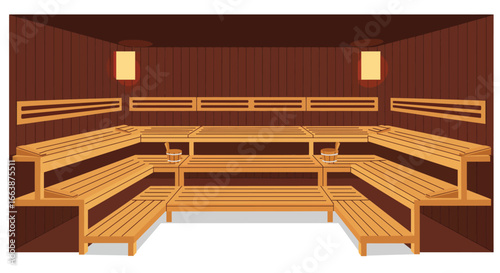 Stylized vector illustration showcasing a relaxing sauna interior with wooden benches