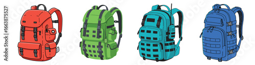 Vibrant flat vector illustration of military backpacks with gear straps collection