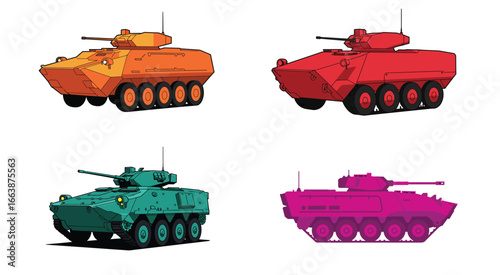 Illustrative collage of colorful military armored personnel carriers in vector style