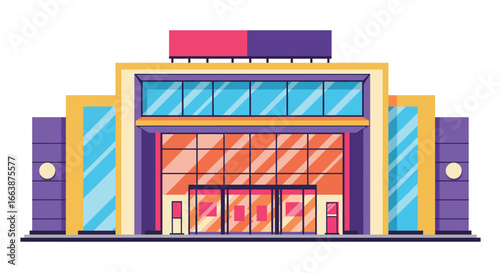 Stylized Flat Vector Illustration of a Modern Shopping Mall Entrance