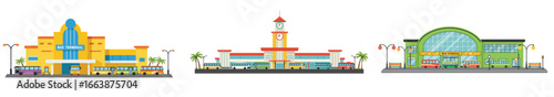 Stylized Vector Illustration Depicting Three Distinct Rural Bus Terminal Buildings