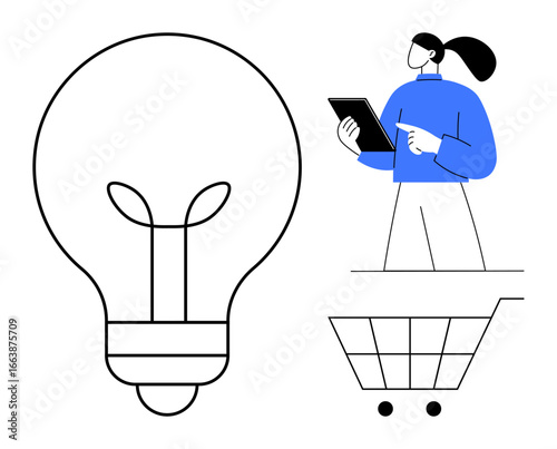 Woman with tablet next to shopping cart and light bulb signifying inspiration. Ideal for e-commerce, innovation, technology, online shopping, creative thinking, modern business, simple landing page