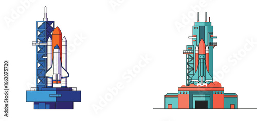 Stylized vector illustrations of space shuttle launch platforms against white