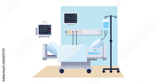 Stylized vector illustration of a hospital patient room with essential equipment