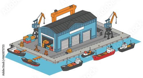 Stylized Flat Vector Illustration of a Vibrant Shipyard Warehouse by the Docks
