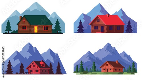 Vector illustration set of log cabins in mountainous scenery on white background