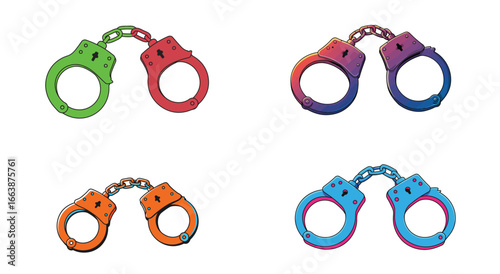 Stylized handcuff illustrations in various vibrant colors on a white background