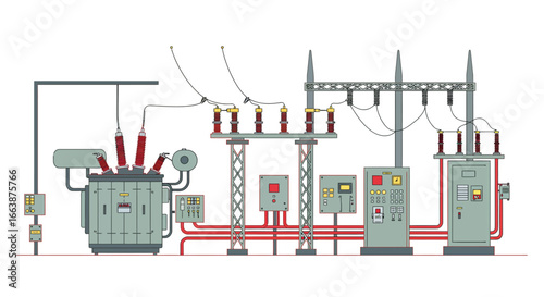 Detailed flat vector illustration of an electrical power substation setup