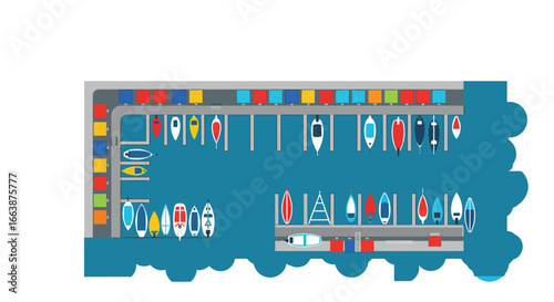 Stylized flat vector illustration of a vibrant marina with sailboat slips