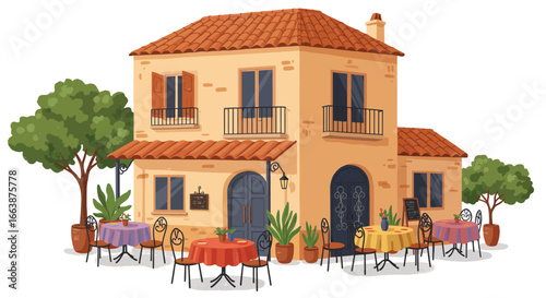 Charming mediterranean restaurant building vector illustration with outdoor seating area