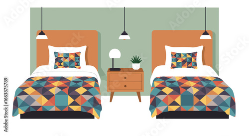 Stylish twin hotel bedroom interior illustration with patterned bedding design