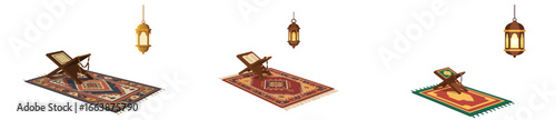 Elegant prayer room illustrations with carpets, quran stands, and hanging lanterns