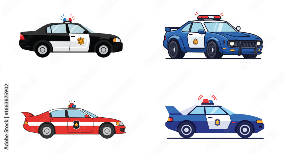 Naklejka premium Collection of Police Patrol Cars in Cartoon Style on a Clean Background