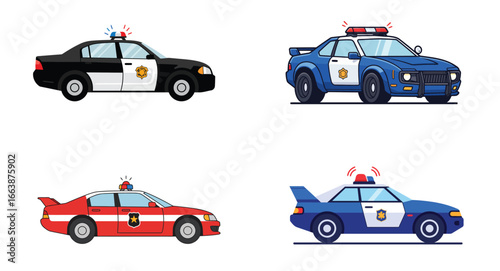 Collection of Police Patrol Cars in Cartoon Style on a Clean Background