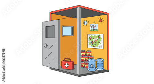 Stylized flat vector illustration of a vibrant storm shelter interior scene