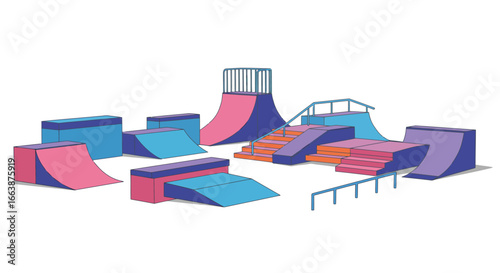 Stylized Vector Illustration of a Skate Park Ramp Area with Colorful Ramps