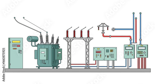 Stylized Flat Vector Illustration of Power Substation Room Equipment