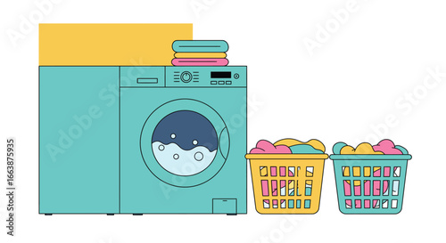 Stylized flat vector laundry room illustration with washing machine