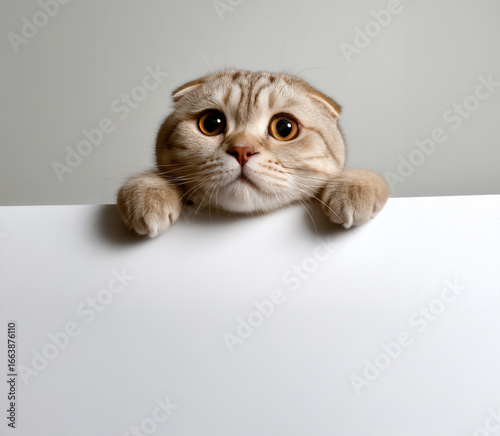 Cute Cat with Big Eyes Peeking Over White Surface