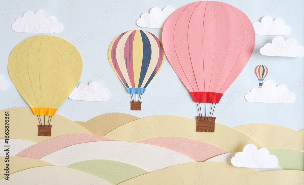 Fototapeta premium Whimsical paper hot air balloons in pastel shades float gracefully above rolling hills and fluffy clouds under a soft blue sky.