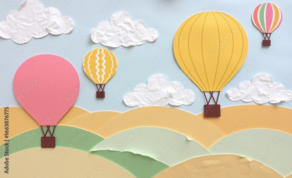 Obraz premium Vibrant hot air balloons ascend over a landscape of rolling hills under a sky dotted with fluffy clouds, creating a whimsical scene.