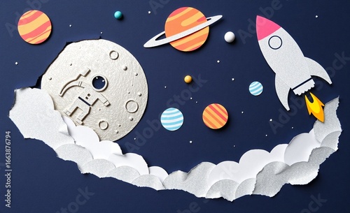 A whimsical paper cutout space scene shows a rocket launching, surrounded by colorful planets, a textured moon, and an astronaut.
