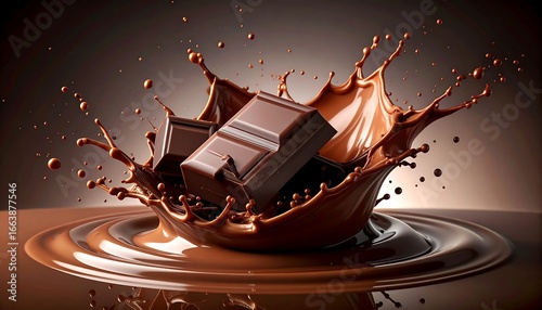 Melted chocolate splashes with a delicious, dark, rich design, showcasing two pieces of chocolate.