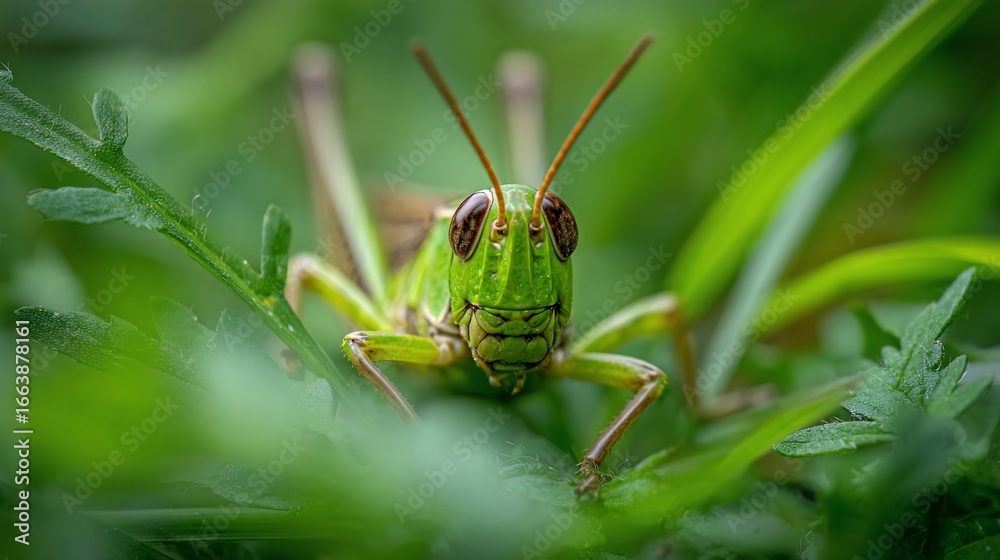 Fototapeta premium Green grasshopper, front view, sitting in lush grass