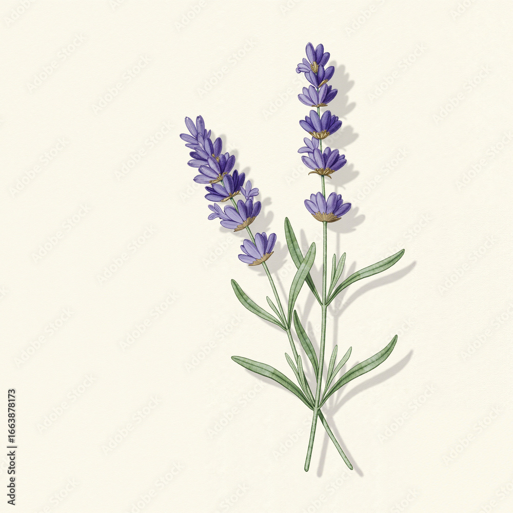 Naklejka premium botanical watercolor, a sprig of Lavender leaves on the right, detailed needle-like leaves, on a textured cream-colored paper background, subtle shadow, aromatic herb, rustic kitchen style