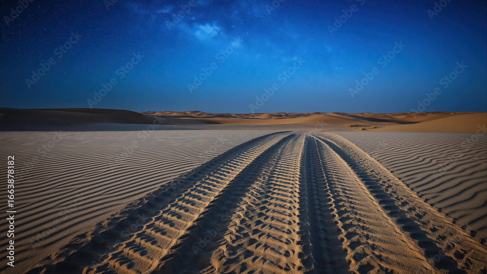 Naklejka premium Traces of tire tracks across a serene desert landscape at twilight
